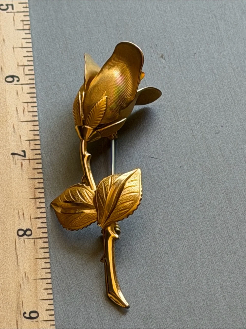 Gold Tone Rosebud Long Stem Brooch